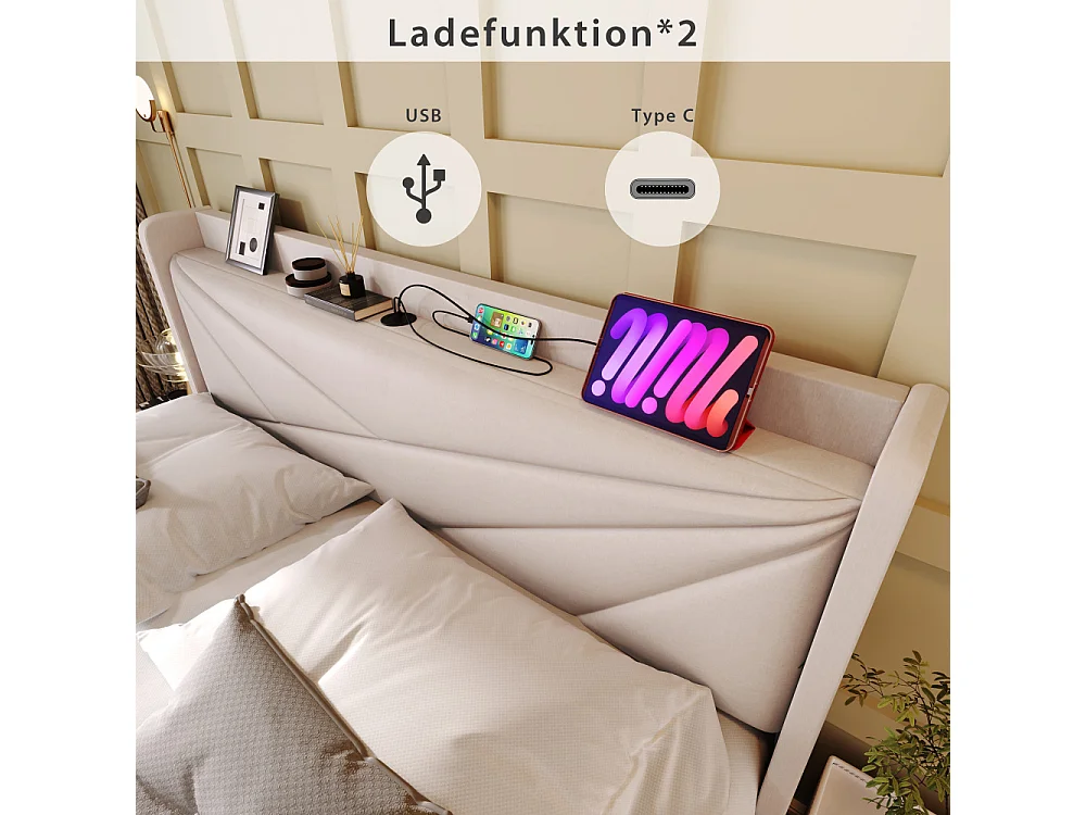 Cama Doble 140x200 cm con Cofre de Almacenamiento, USB Type-C y Cabecero Geométrico en Tela de Lino Moderno