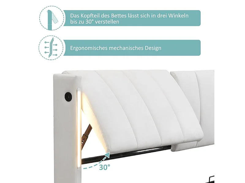 Binaural Lit LED Capitonné 160x200 cm Hydraulique PU Blanc USB-C Design Moderne