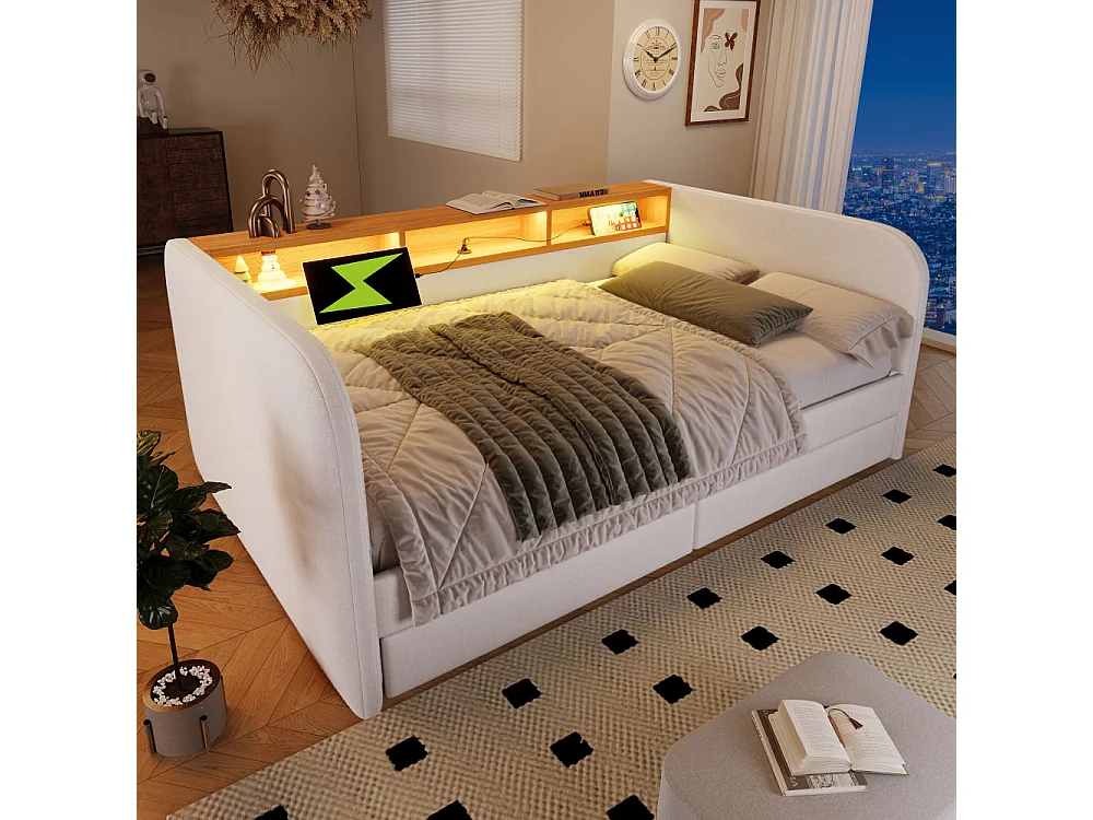 Canapé-lit rembourré 140x190 cm avec LED, USB-C, tissu lin, rangement et 2 tiroirs – lit multifonctionnel moderne