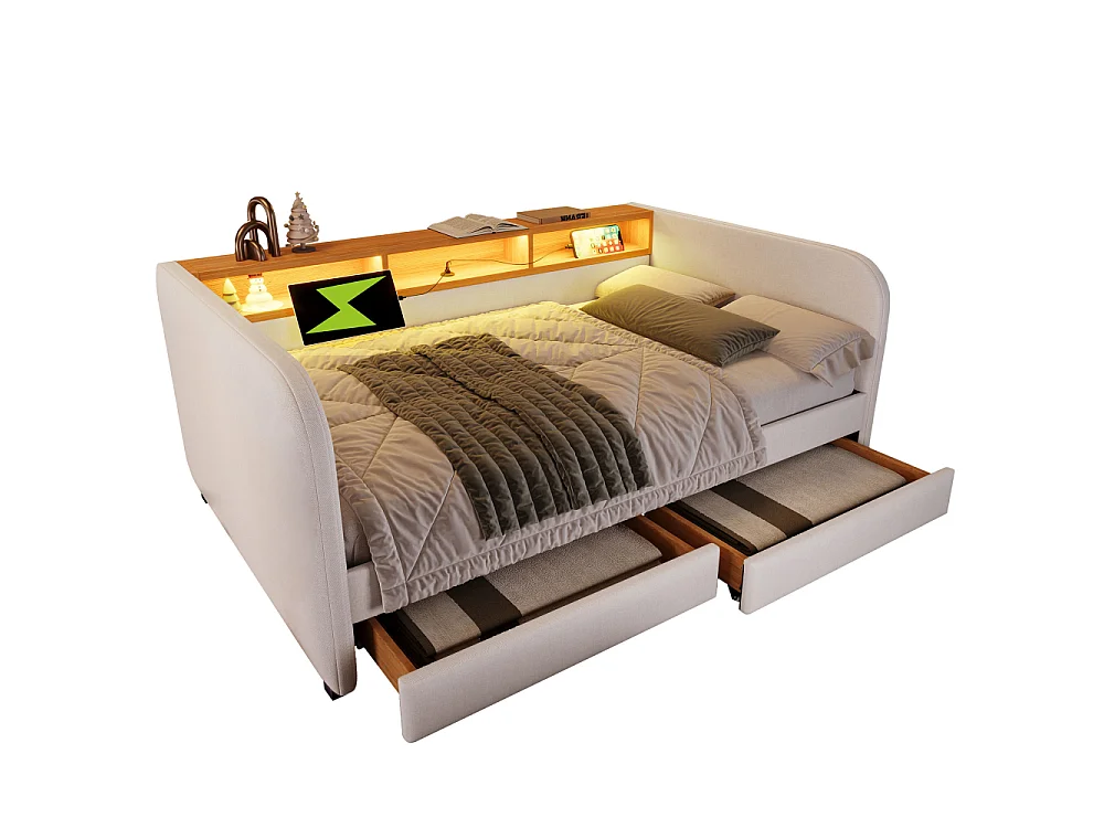 Canapé-lit rembourré 140x190 cm avec LED, USB-C, tissu lin, rangement et 2 tiroirs – lit multifonctionnel moderne