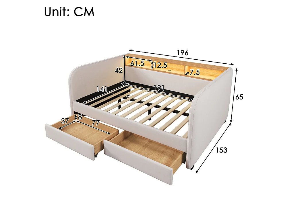 Canapé-lit rembourré 140x190 cm avec LED, USB-C, tissu lin, rangement et 2 tiroirs – lit multifonctionnel moderne