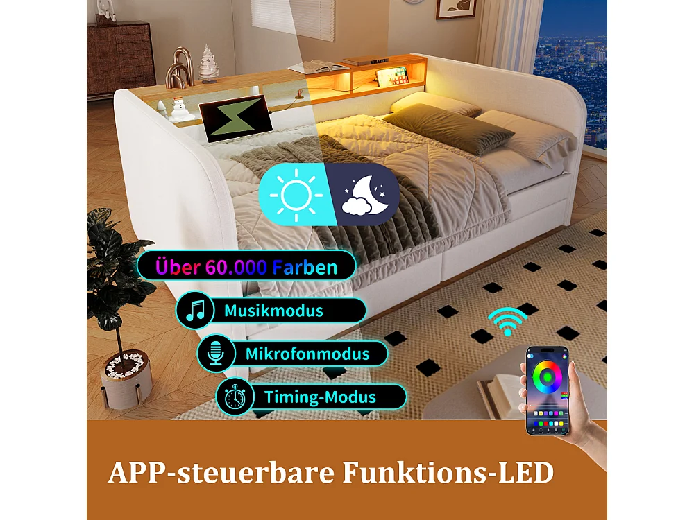 Canapé-lit rembourré 140x190 cm avec LED, USB-C, tissu lin, rangement et 2 tiroirs – lit multifonctionnel moderne
