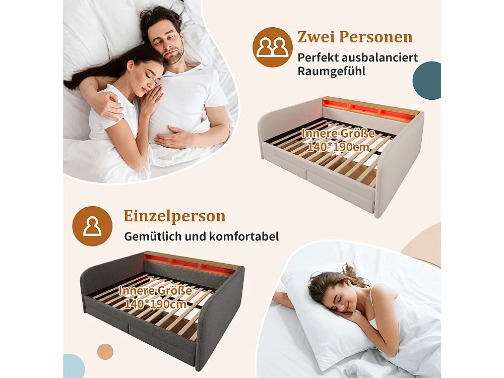 Canapé-lit rembourré 140x190 cm avec LED, USB-C, tissu lin, rangement et 2 tiroirs – lit multifonctionnel moderne