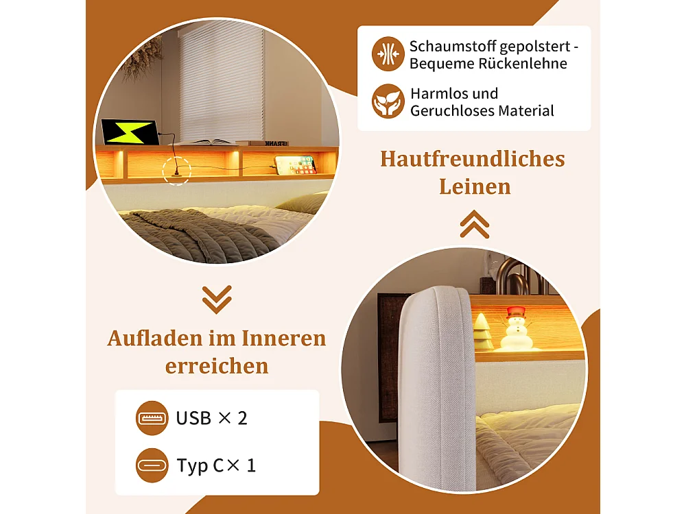 Canapé-lit rembourré 140x190 cm avec LED, USB-C, tissu lin, rangement et 2 tiroirs – lit multifonctionnel moderne