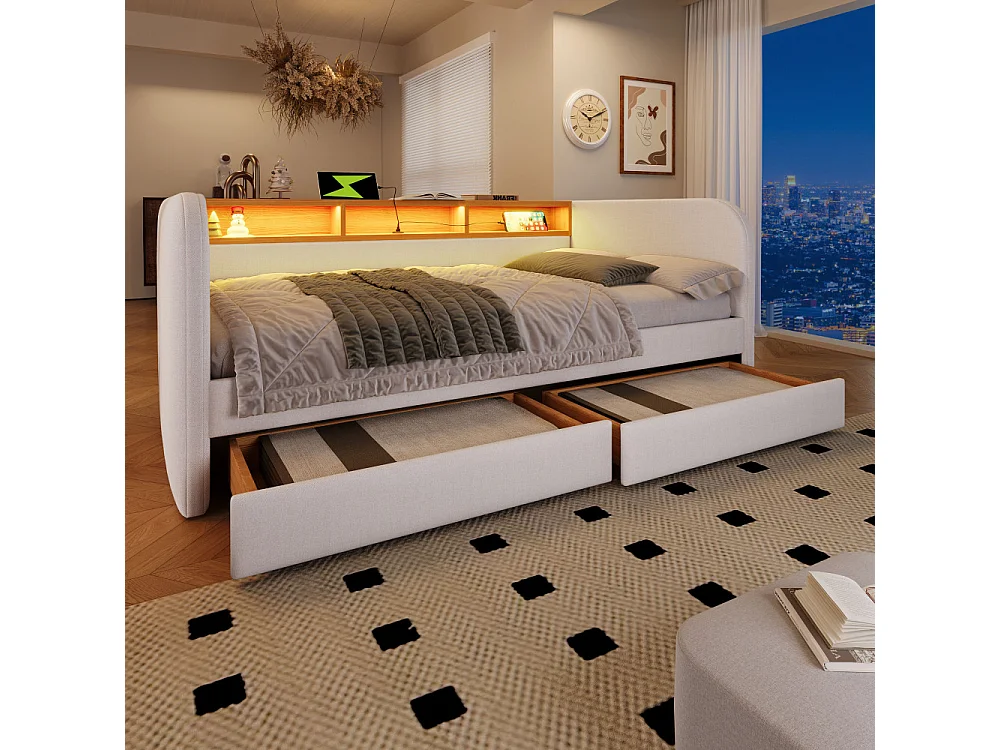 Canapé-lit rembourré 140x190 cm avec LED, USB-C, tissu lin, rangement et 2 tiroirs – lit multifonctionnel moderne