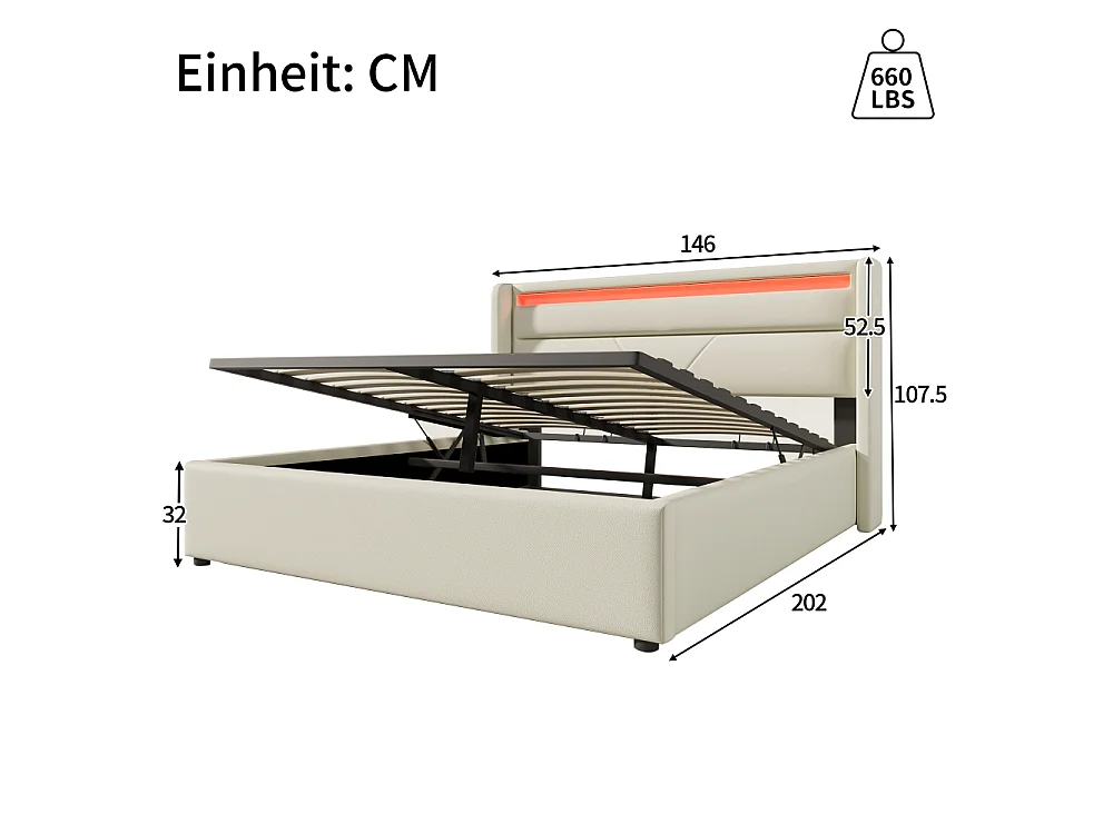 Cama de almacenaje hidráulica LED tapizada PU doble con colchón 620 muelles cama funcional almacenaje 660LBS