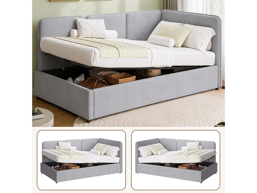 Lit daybed 90x200 cm rembourré velours gris avec rangement hydraulique, design réversible et confort
