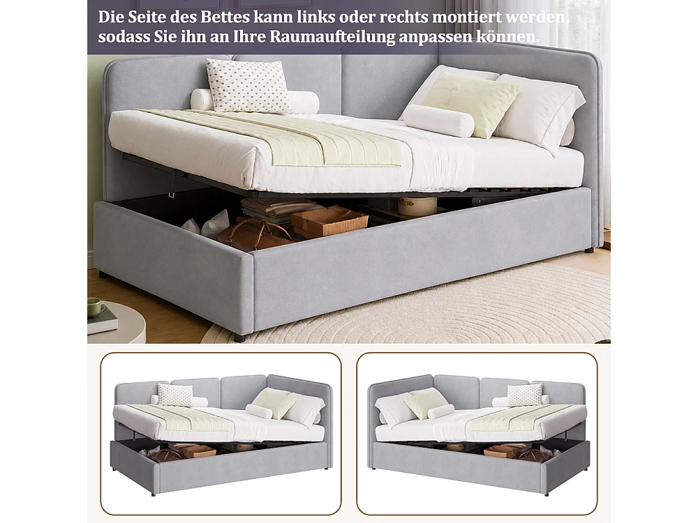 Lit daybed 90x200 cm rembourré velours gris avec rangement hydraulique, design réversible et confort