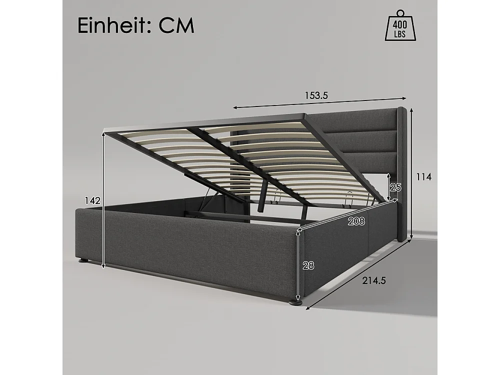 Cama baúl hidráulica tapizada en lino, estructura metálica, somier de láminas de madera, robusta, diseño moderno