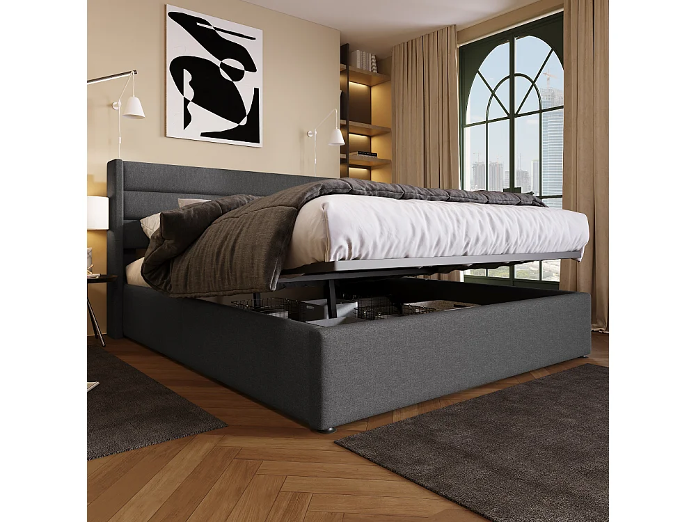 Cama baúl hidráulica tapizada en lino, estructura metálica, somier de láminas de madera, robusta, diseño moderno