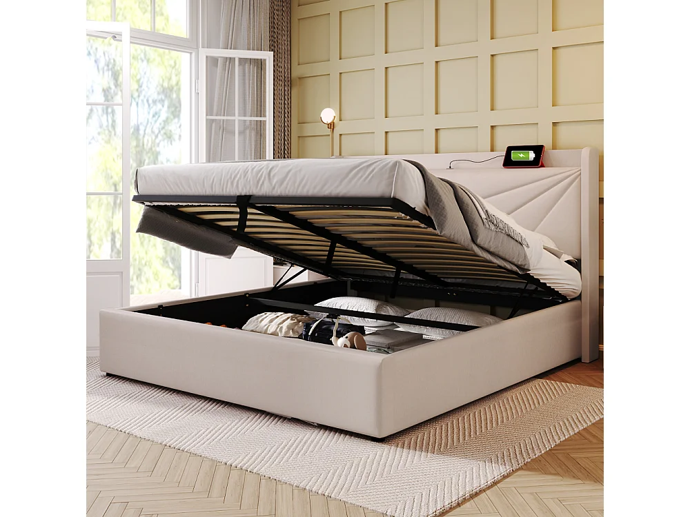 Letto Matrimoniale 180x200 cm con Cassone Portaoggetti, USB Type-C, Tessuto Lino e Testiera Geometrica Moderna