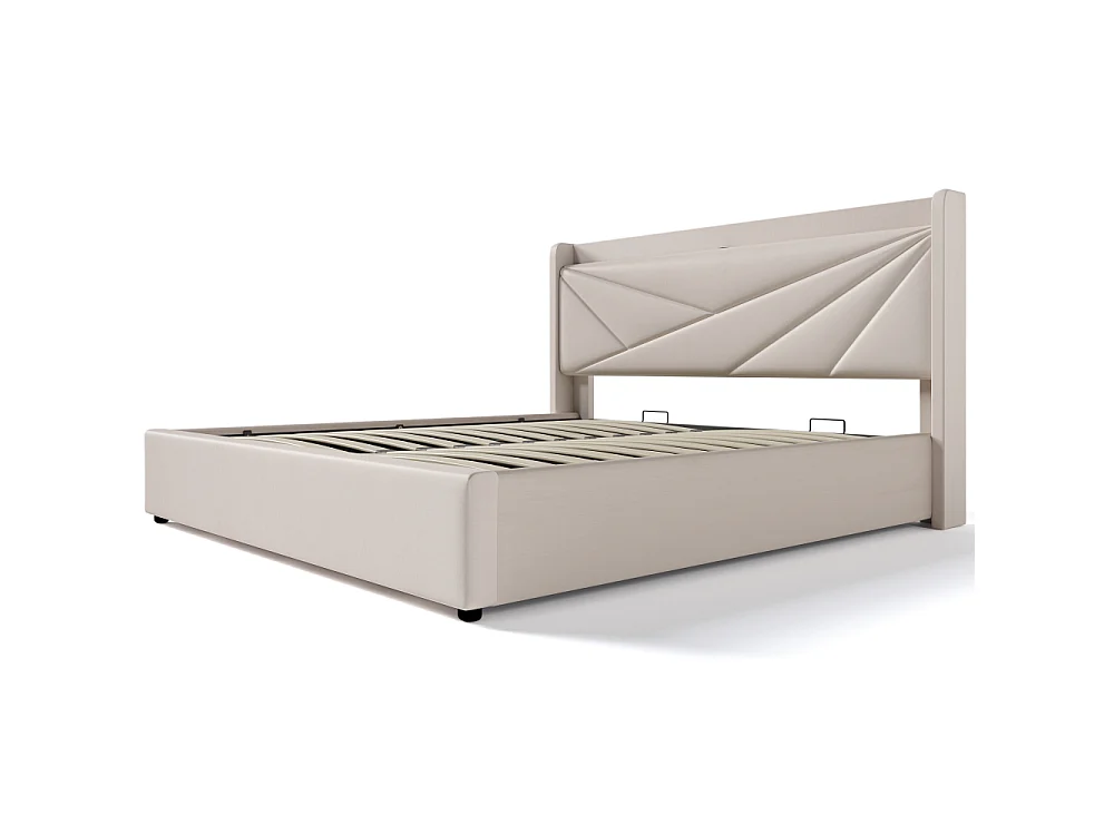 Letto Matrimoniale 180x200 cm con Cassone Portaoggetti, USB Type-C, Tessuto Lino e Testiera Geometrica Moderna