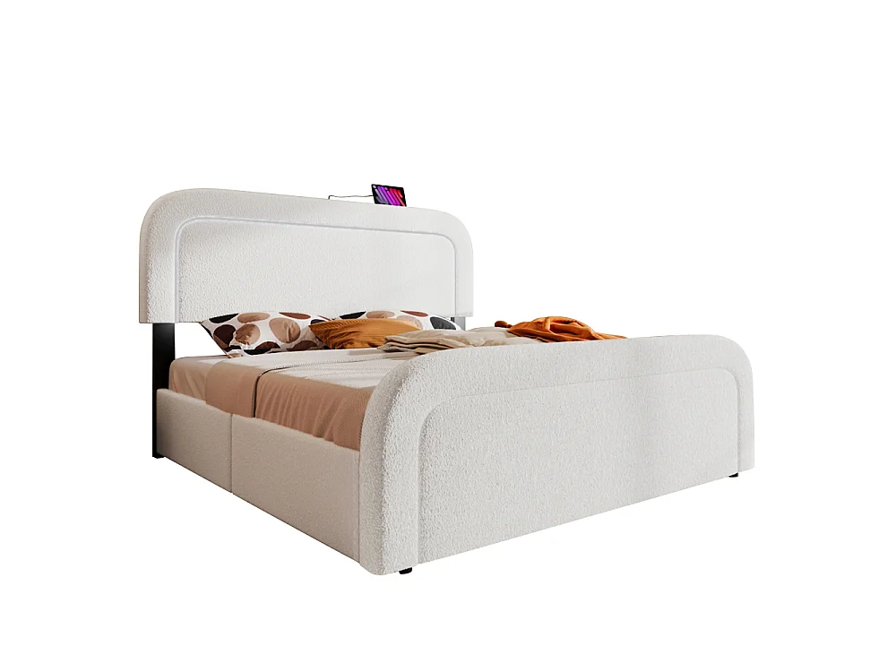 Bettgestell 160x200 USB-C LED-gewatteerd bed Sherpa wit 4 matrasladen 406 premium comfortveren