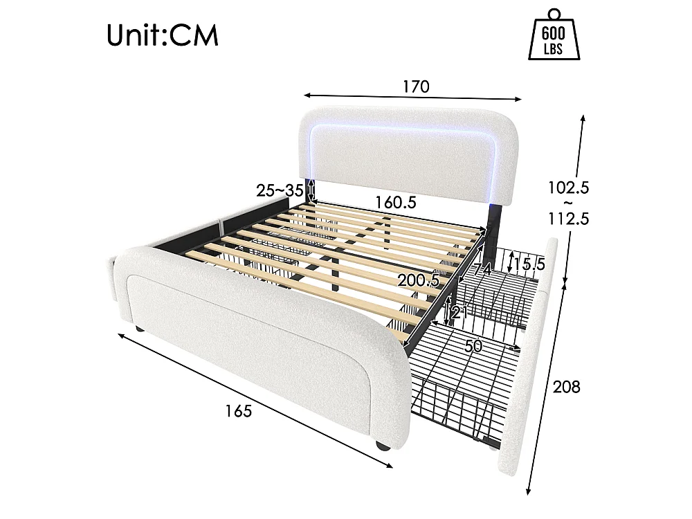 Bettgestell 160x200 USB-C LED-gewatteerd bed Sherpa wit 4 matrasladen 406 premium comfortveren
