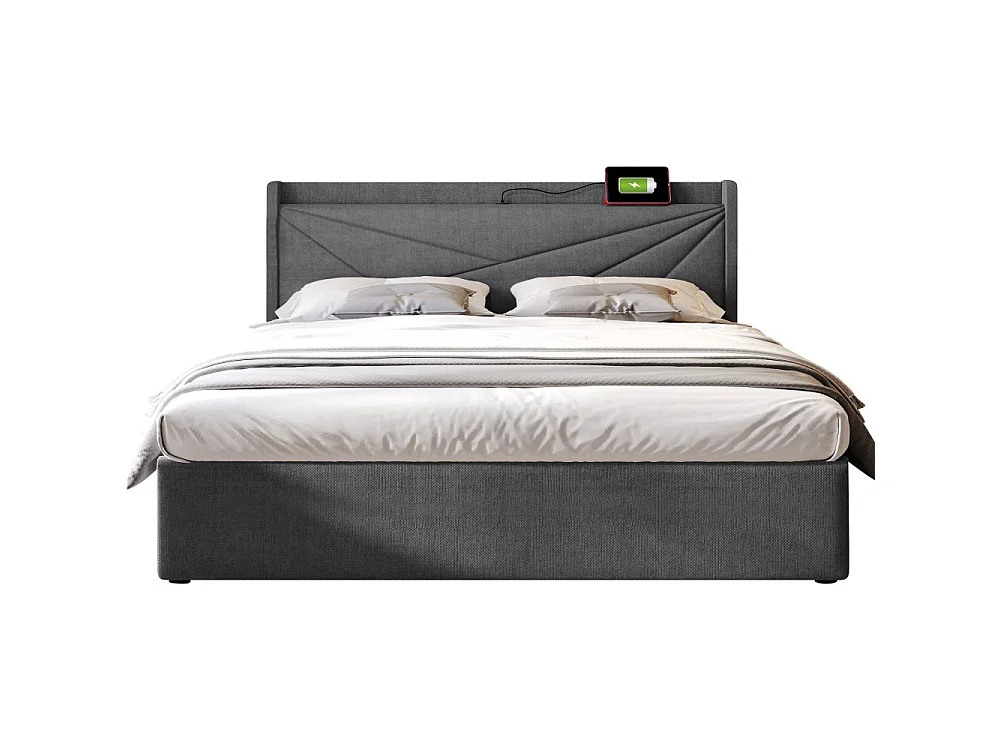 Lit Double 140x200 cm avec Coffre de Rangement, USB Type-C et Tête de Lit Géométrique en Tissu Lin Moderne