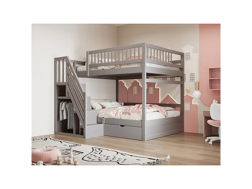 Litera de madera maciza 140×200 – cama doble ahorradora de espacio con almacenaje integrado y seguridad reforzada