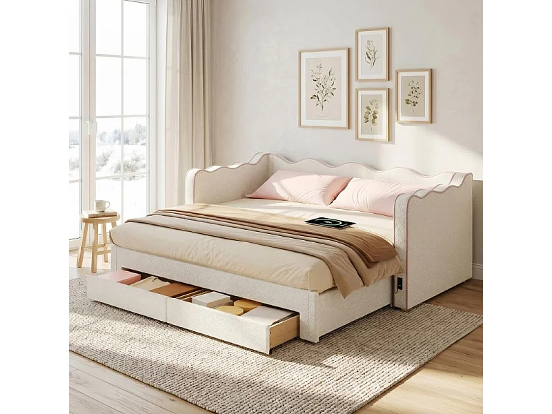 Letto daybed imbottito 90x200 cm bouclé beige estraibile 180 cm con porta USB e cassetti