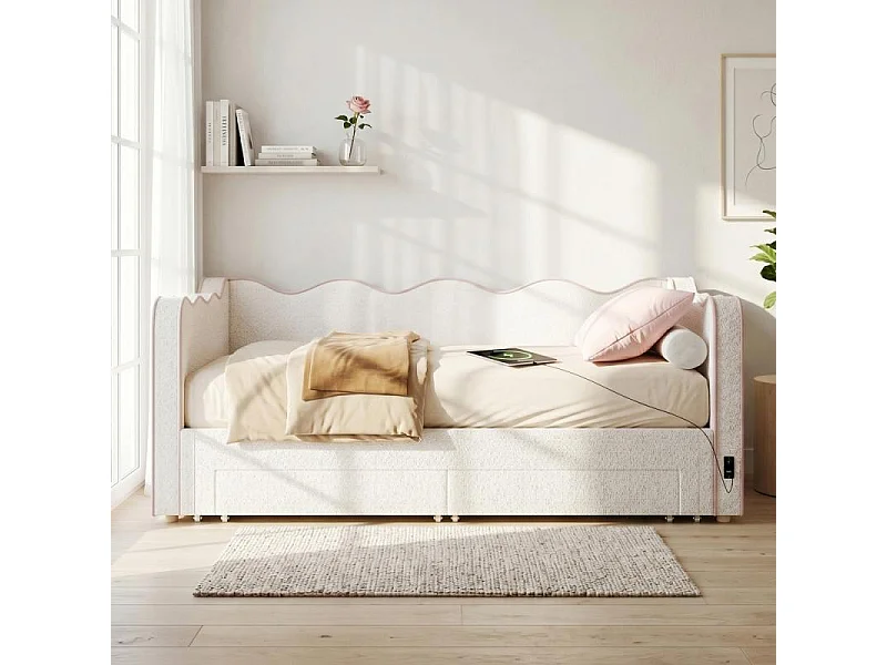 Letto daybed imbottito 90x200 cm bouclé beige estraibile 180 cm con porta USB e cassetti