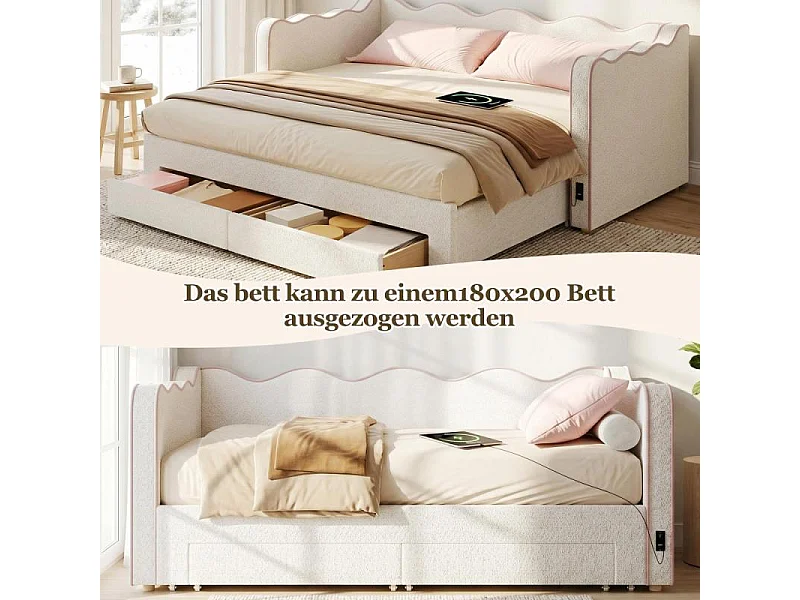 Letto daybed imbottito 90x200 cm bouclé beige estraibile 180 cm con porta USB e cassetti