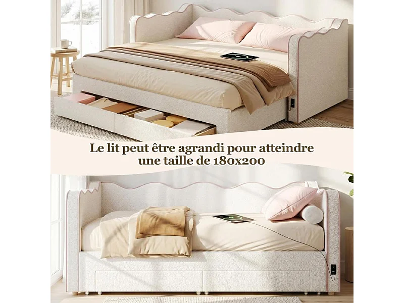 Letto daybed imbottito 90x200 cm bouclé beige estraibile 180 cm con porta USB e cassetti