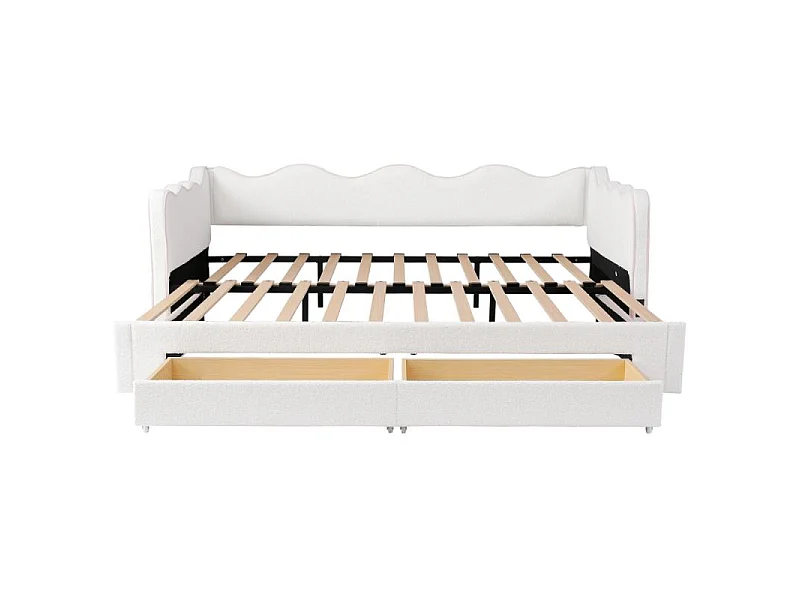 Letto daybed imbottito 90x200 cm bouclé beige estraibile 180 cm con porta USB e cassetti