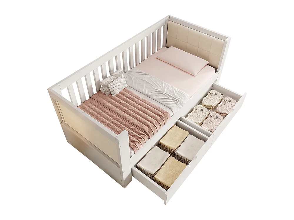 Canapé-lit 90x200 cm blanc en bois massif avec 2 tiroirs – banquette-lit gain de place élégante