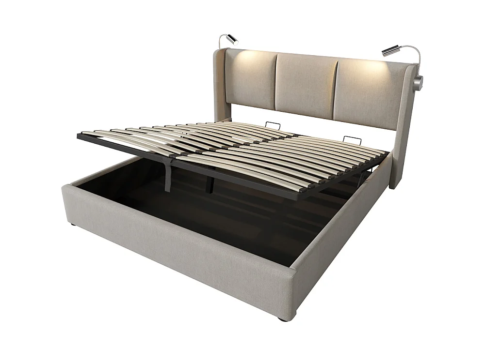 Lit double avec coffre en lin, matelas 720 ressorts, LED, USB et tête de lit robuste