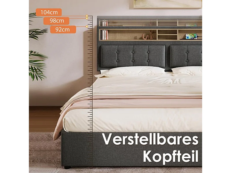Cama Doble 140x200 con USB-C, Cabecero Regulable y Cofre de Almacenamiento – Confort Inteligente de Alta Gama