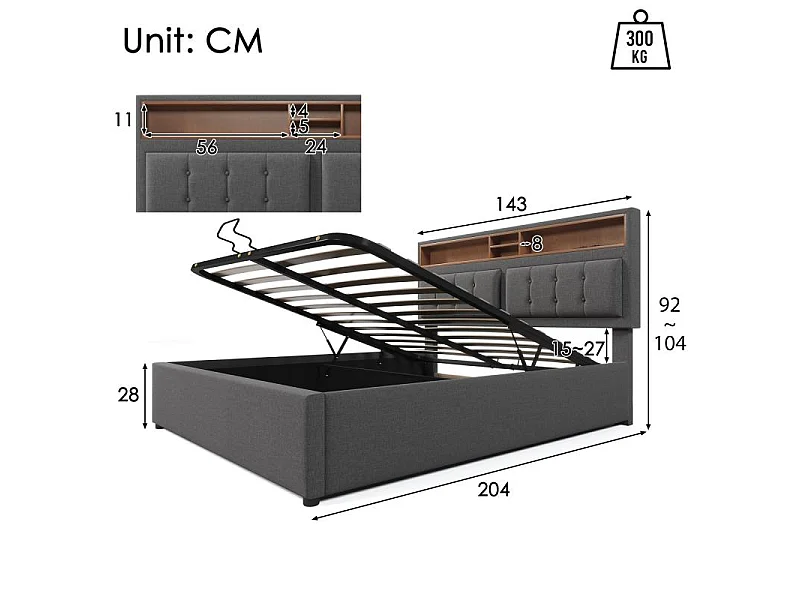 Cama Doble 140x200 con USB-C, Cabecero Regulable y Cofre de Almacenamiento – Confort Inteligente de Alta Gama