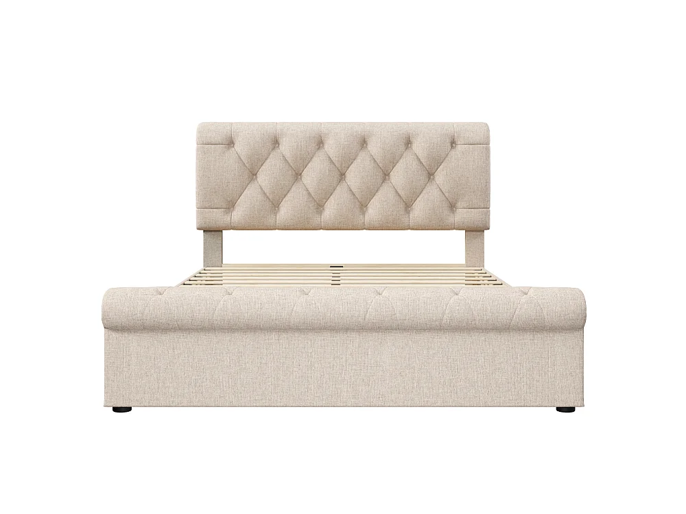 Cama doble tapizada 140x200 cm con cofre, 4 cajones, cabecero regulable, estilo Chesterfield natural, sin colchón