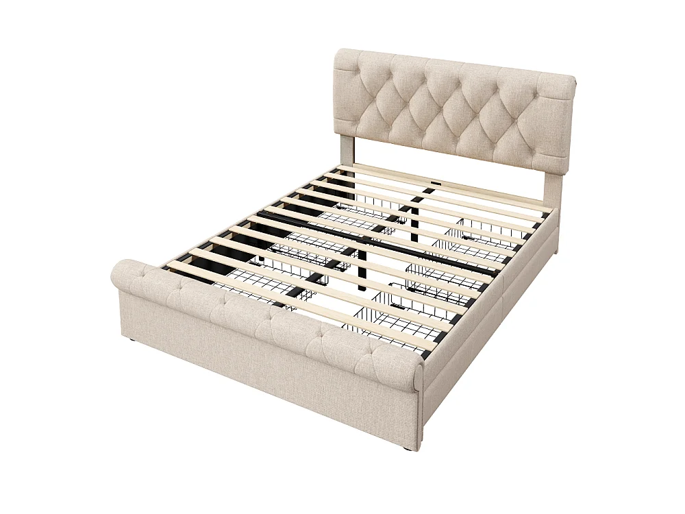 Cama doble tapizada 140x200 cm con cofre, 4 cajones, cabecero regulable, estilo Chesterfield natural, sin colchón