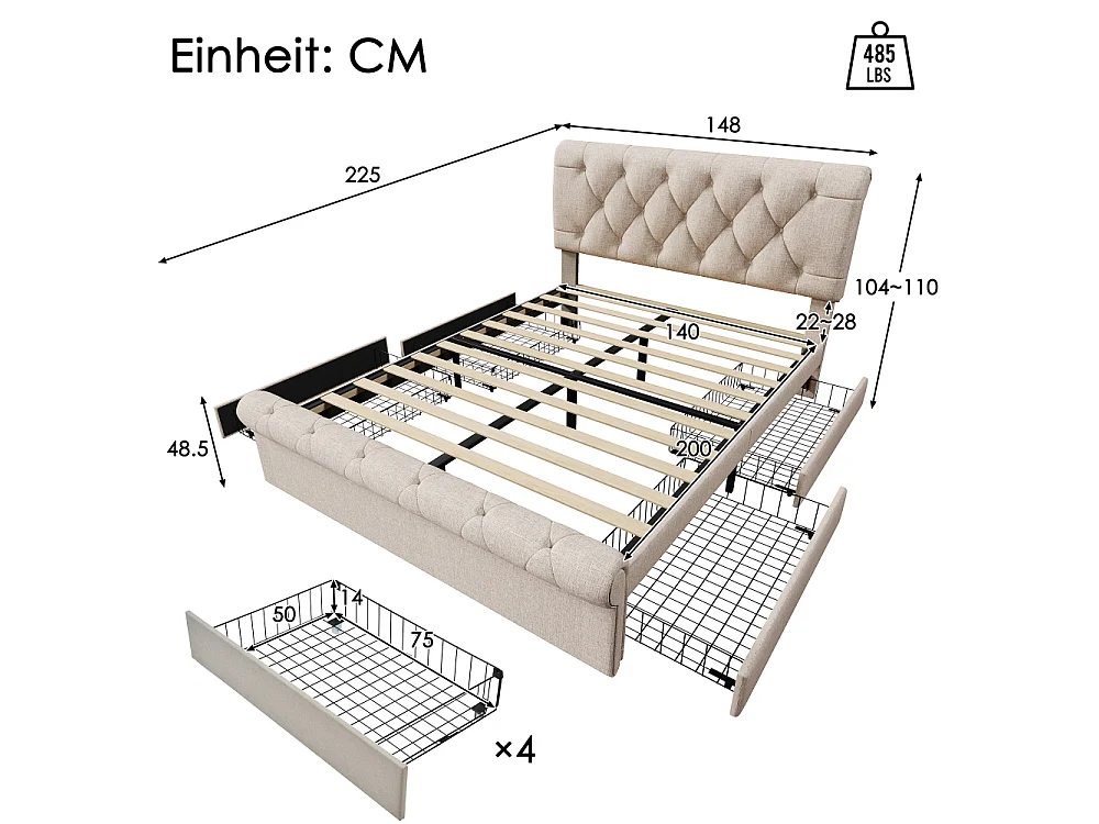 Cama doble tapizada 140x200 cm con cofre, 4 cajones, cabecero regulable, estilo Chesterfield natural, sin colchón