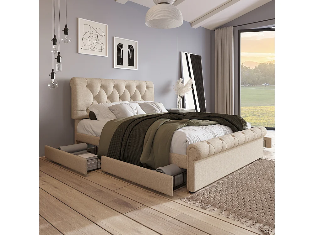 Cama doble tapizada 140x200 cm con cofre, 4 cajones, cabecero regulable, estilo Chesterfield natural, sin colchón