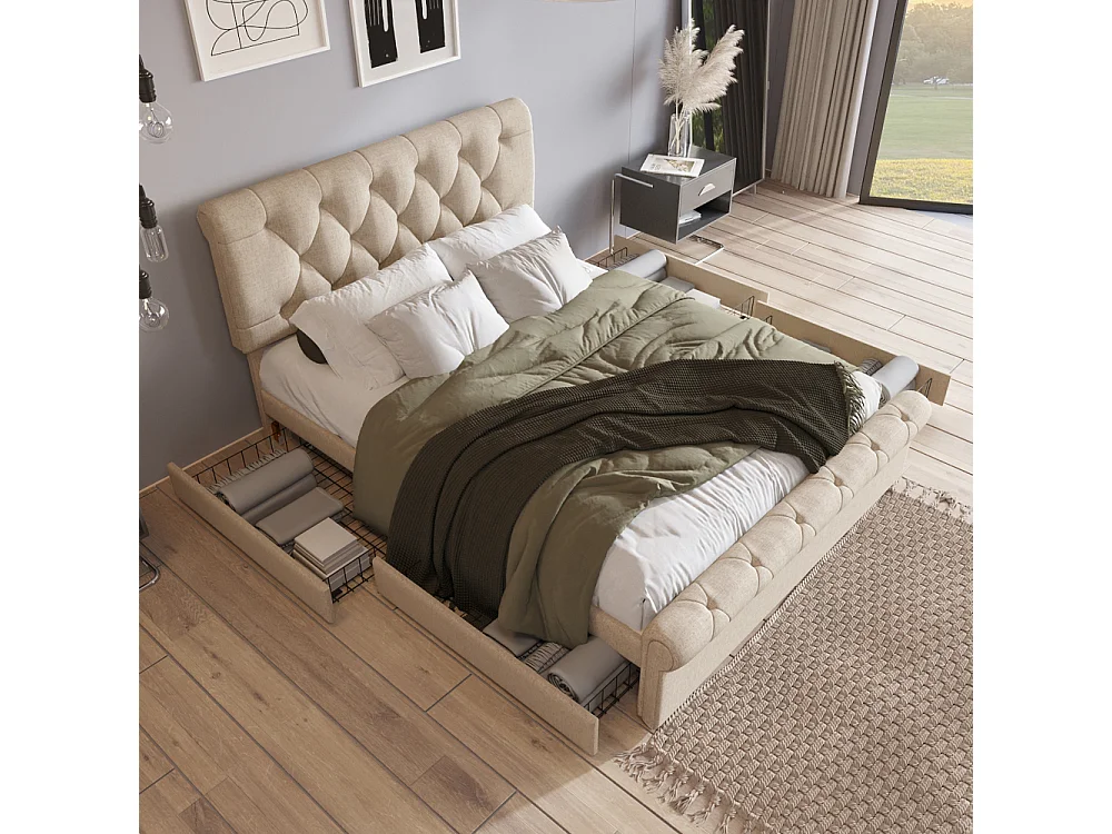 Cama doble tapizada 140x200 cm con cofre, 4 cajones, cabecero regulable, estilo Chesterfield natural, sin colchón
