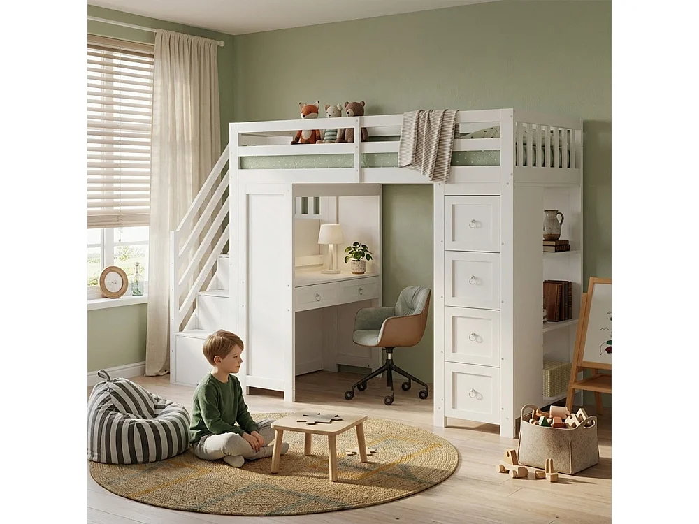 Lit Mezzanine Enfant 90x200 Multifonction Bois Kiefer MDF Bureau Rangement Escalier Étagères Blanc Moderne