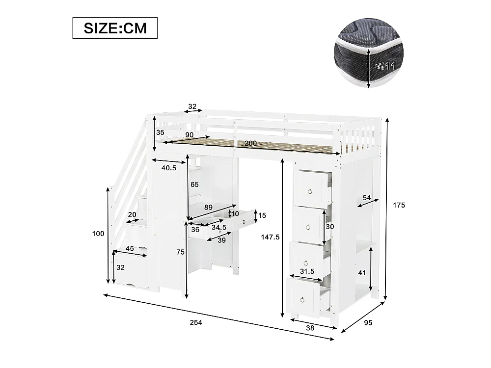 Lit Mezzanine Enfant 90x200 Multifonction Bois Kiefer MDF Bureau Rangement Escalier Étagères Blanc Moderne