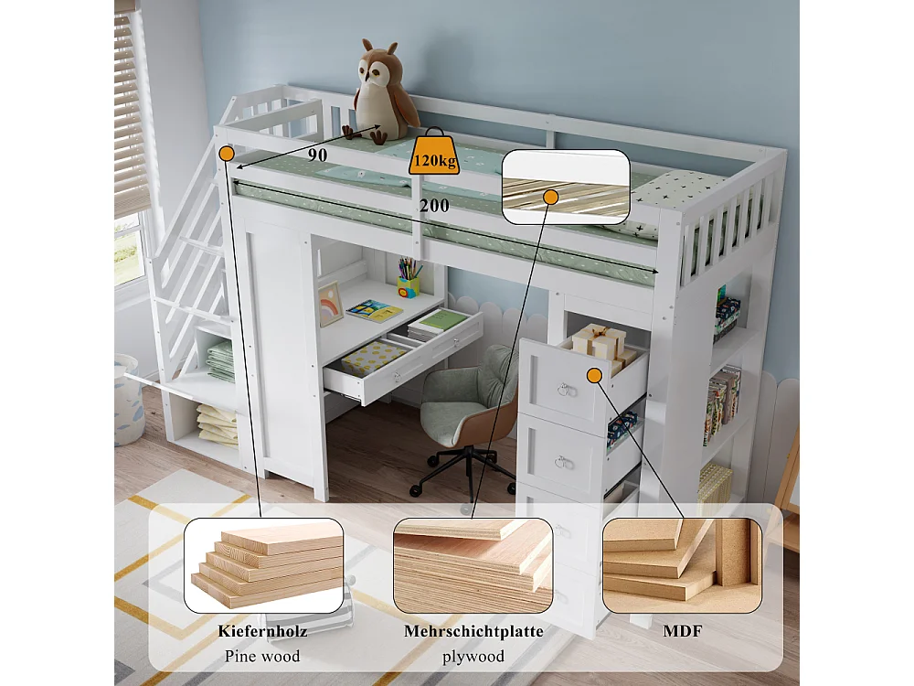 Lit Mezzanine Enfant 90x200 Multifonction Bois Kiefer MDF Bureau Rangement Escalier Étagères Blanc Moderne