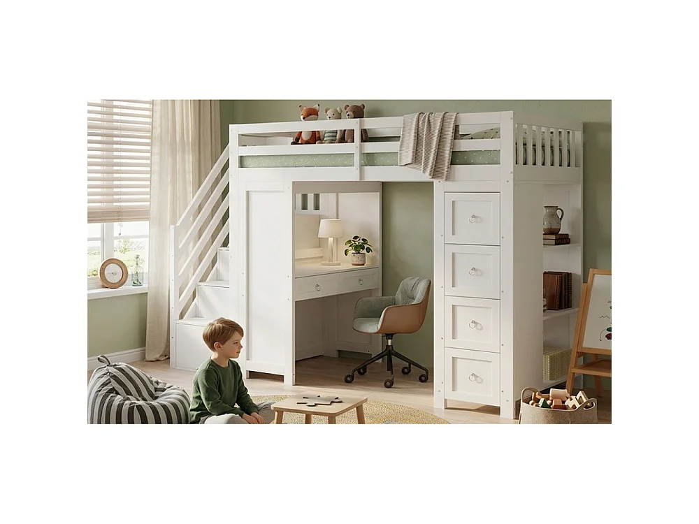 Lit Mezzanine Enfant 90x200 Multifonction Bois Kiefer MDF Bureau Rangement Escalier Étagères Blanc Moderne