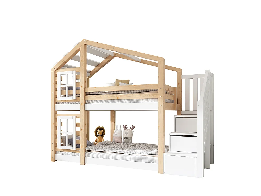 Kinderhut stapelbed 90x200 cm met veiligheidsopbergtrap EN747 wit hout
