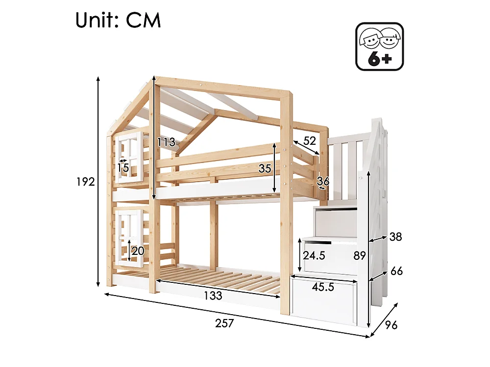 Kinderhut stapelbed 90x200 cm met veiligheidsopbergtrap EN747 wit hout