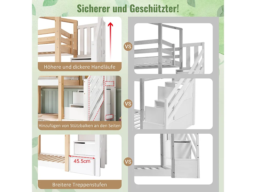 Kinderhut stapelbed 90x200 cm met veiligheidsopbergtrap EN747 wit hout