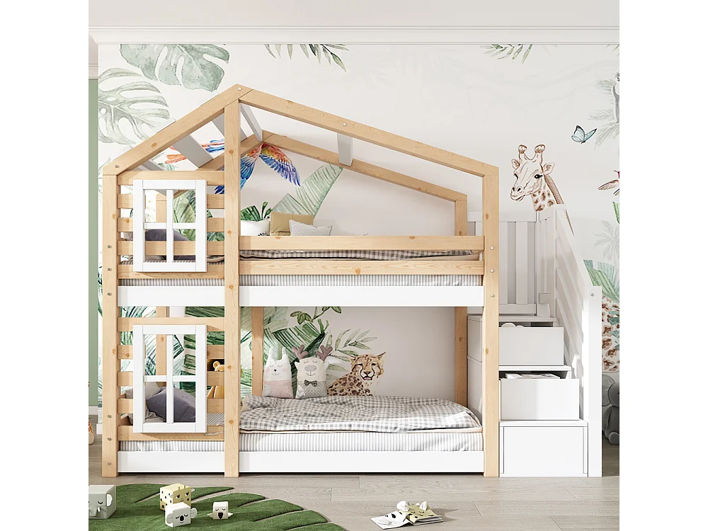 Kinderhut stapelbed 90x200 cm met veiligheidsopbergtrap EN747 wit hout
