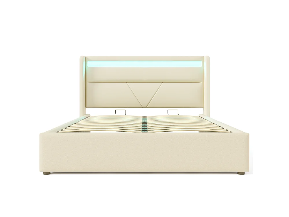 Lit de rangement hydraulique LED rembourré PU double lit fonctionnel avec télécommande rangement