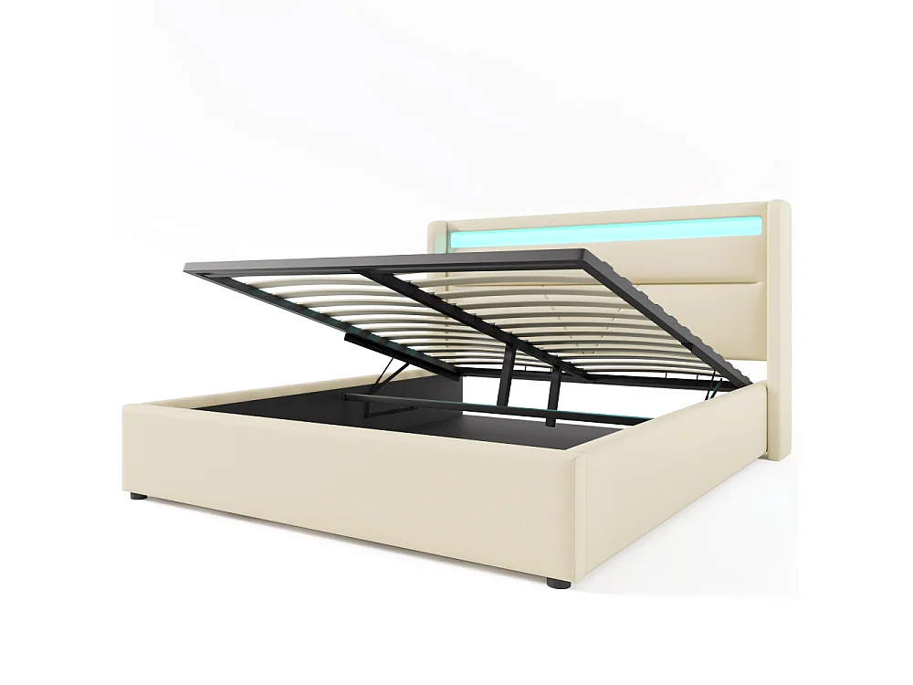 Lit de rangement hydraulique LED rembourré PU double lit fonctionnel avec télécommande rangement