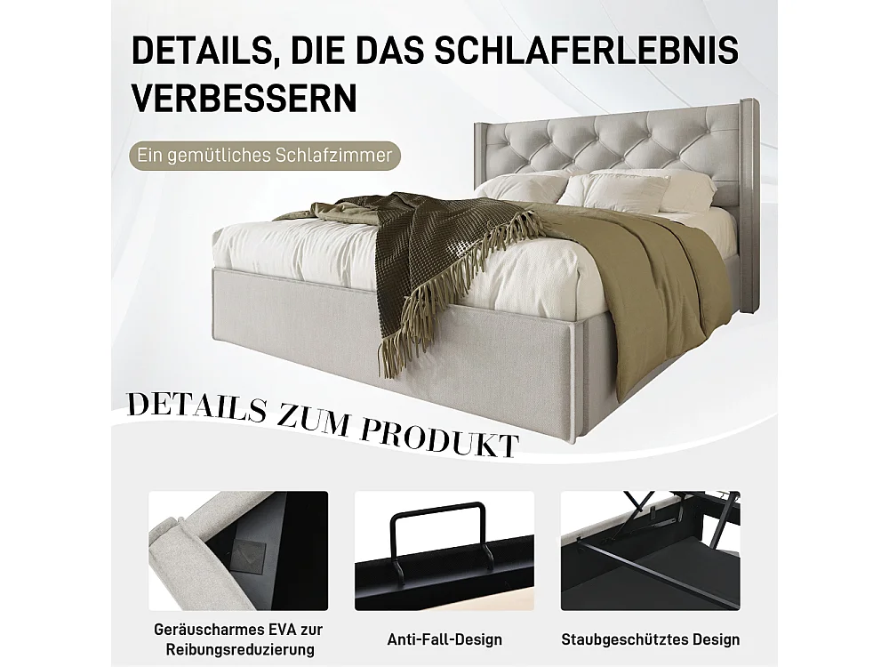Cama doble hidráulica tapizada 140×200 almacenaje armazón metálico algodón somier de láminas de madera diseño moderno