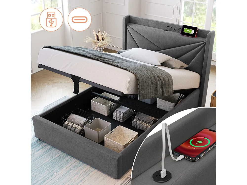 Lit Simple 90x200 cm avec Matelas 406 Ressorts, Coffre de Rangement, USB Type-C et Tête de Lit Géométrique en Tissu Lin