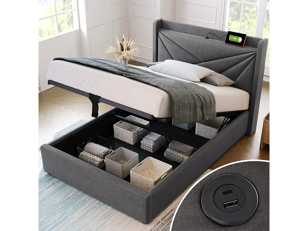 Lit Simple 90x200 cm avec Matelas 406 Ressorts, Coffre de Rangement, USB Type-C et Tête de Lit Géométrique en Tissu Lin