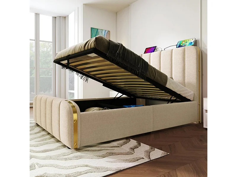 Opbergbed 90x200 cm gewatteerd beige linnen USB-C goud metaal hydraulische opbergruimte 100kg elegant