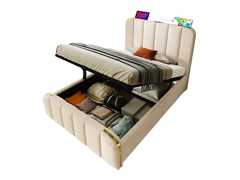 Opbergbed 90x200 cm gewatteerd beige linnen USB-C goud metaal hydraulische opbergruimte 100kg elegant