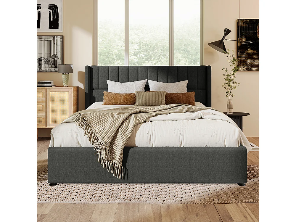 Lit coffre hydraulique double avec matelas 720 ressorts ensachés, lin, cadre en bois et métal, coffre de rangement